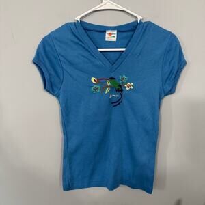 Vintage Sun Island Jamaica Floral Bird Blue V-Neck Tee Shirt Youth Size XL